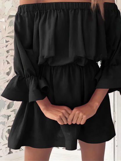 One shoulder Waisted Three-quarter Sleeve Dress - LuckyFash™