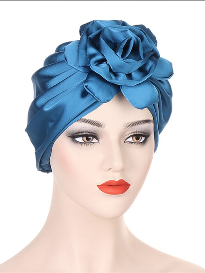 Big Flower Muslim Women Turban Satin Head Wrap Hijab Sleep Night Hat Hair Care Cap Indian Elastic Beanie Ladies Hair Loss Headwear - LuckyFash™