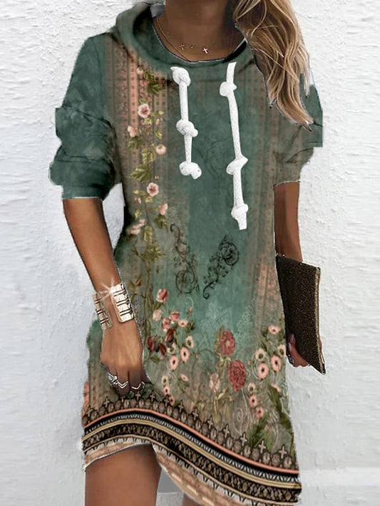 Womenâ€˜s Hoodie Dress Winter Dress Sweatshirt Dress Winter Dress  Green Blue Purple Long Sleeve Floral Print Winter Fall Hooded Vacation Casual Fall Dress 2022 S M L XL XXL 3XL - LuckyFash™
