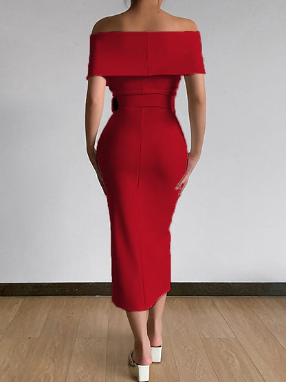 Womenâ€˜s Formal Party Dress Wedding Guest Dress Bodycon Sheath Dress Midi Dress Black White Pink Short Sleeve Pure Color Backless Spring Summer Autumn Off Shoulder Stylish Slim 2023 S M L XL XXL 3XL - LuckyFash™