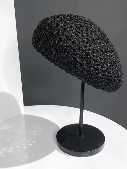Spring Summer Breathable Straw Hat Female Unique Beret Black Khaki Beige British Beret Hat Hollow Artistic Painter Hat - LuckyFash™