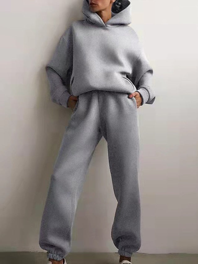 Hoodie 2 Piece Solid / Plain Color Sports Regular Winter Creamy-white ArmyGreen Big red Purple Pink for Women - LuckyFash™