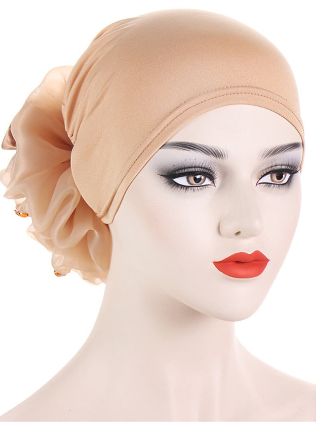 Women Solid Color Back Big Flower New Turban Muslim Hijab Caps Satin Flowers Arab Wrap Inner Hijabs Bonnet Hat Headdress - LuckyFash™