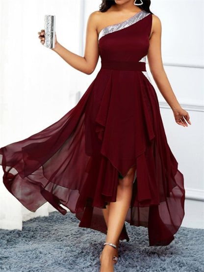 Womenâ€˜s Formal Party Dress Wedding Guest Dress Sequin Dress Swing Dress Black Dress Long Dress Maxi Dress Wine Navy Blue Sleeveless Pure Color Spring One Shoulder Evening Party 2023 S M L XL XXL - LuckyFash™