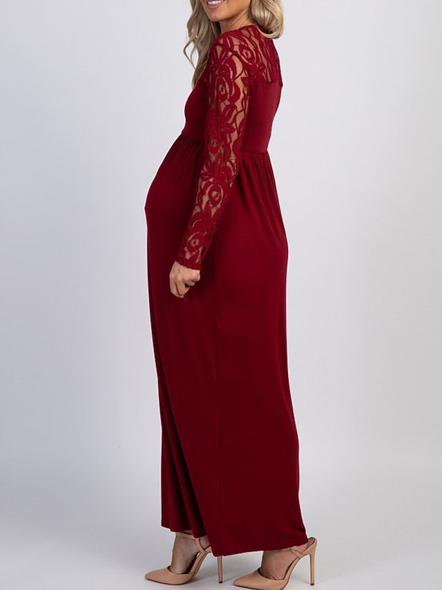 Womenâ€˜s Baby Shower Dress Casual Dress Lace Dress Sheath Dress Solid Color Maxi Long Sleeve Lace Patchwork Crew Neck Black White Pink Spring S M L XL XXL - LuckyFash™