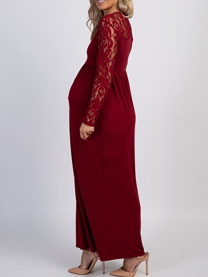 Womenâ€˜s Baby Shower Dress Casual Dress Lace Dress Sheath Dress Solid Color Maxi Long Sleeve Lace Patchwork Crew Neck Black White Pink Spring S M L XL XXL - LuckyFash™