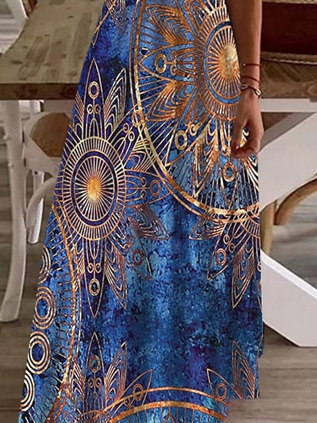 Women's Ethnic Dress Strap Dress A Line Dress Long Dress Maxi Dress Blue Sleeveless Print Print Spring Summer V Neck Vacation Weekend 2023 S M L XL XXL 3XL - LuckyFash™