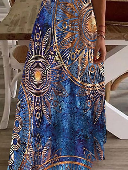 Women's Ethnic Dress Strap Dress A Line Dress Long Dress Maxi Dress Blue Sleeveless Print Print Spring Summer V Neck Vacation Weekend 2023 S M L XL XXL 3XL - LuckyFash™