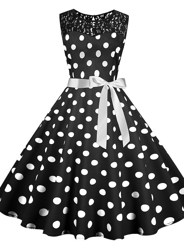 Women's Elegant Retro Vintage Dress Midi Dress Outdoor Holiday Lace Polka Dot Crew Neck Sleeveless Regular Fit Summer Spring 2023 Black White S M L XL - LuckyFash™