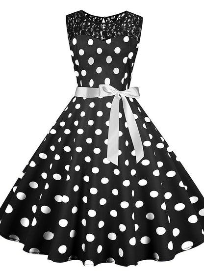 Women's Elegant Retro Vintage Dress Midi Dress Outdoor Holiday Lace Polka Dot Crew Neck Sleeveless Regular Fit Summer Spring 2023 Black White S M L XL - LuckyFash™