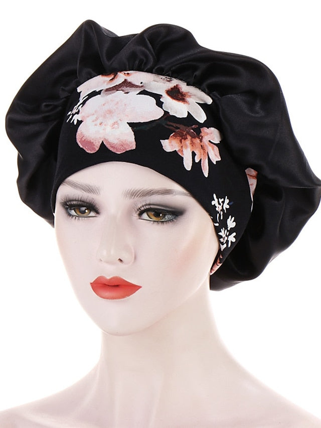 Women Satin Night Beauty Salon Sleep Cap Bonnet Hat Silk Headwrap Floral Print Wide Elastic Band Curly Springy Hair Chemo Cap Sleep Cap - LuckyFash™