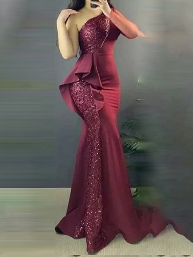 Womenâ€˜s Formal Party Dress Sequin Dress Sheath Dress Long Dress Maxi Dress Green Wine Sleeveless Pure Color Sequins Winter Fall Autumn One Shoulder Fashion Weekend Slim 2023 S M L XL - LuckyFash™