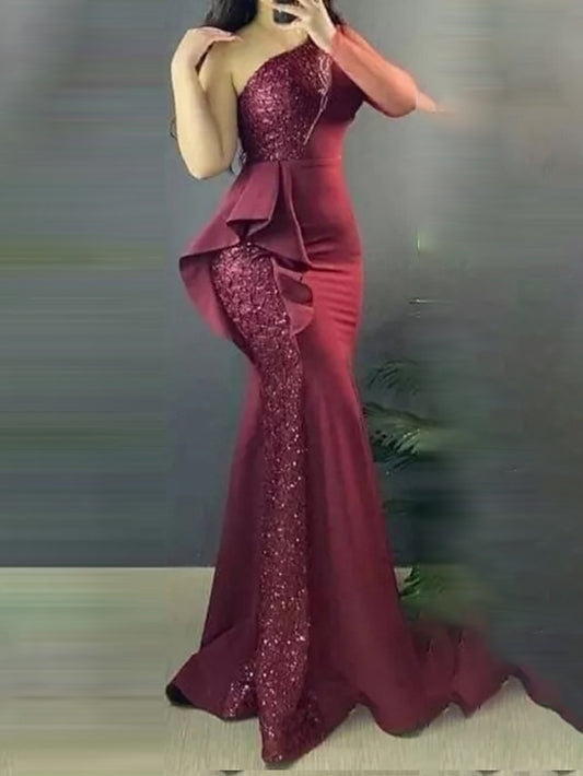 Womenâ€˜s Formal Party Dress Sequin Dress Sheath Dress Long Dress Maxi Dress Green Wine Sleeveless Pure Color Sequins Winter Fall Autumn One Shoulder Fashion Weekend Slim 2023 S M L XL - LuckyFash™
