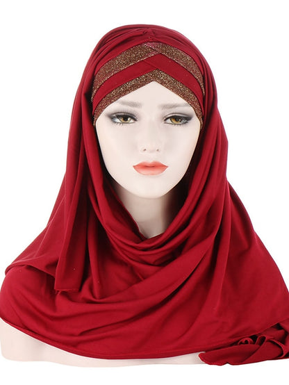 Forehead Cross Hair Wrap Scarf Solid Color Glitter Sequins Jersey Hijabs Muslim Headband Women Turban Hair Cap Headscarf - LuckyFash™