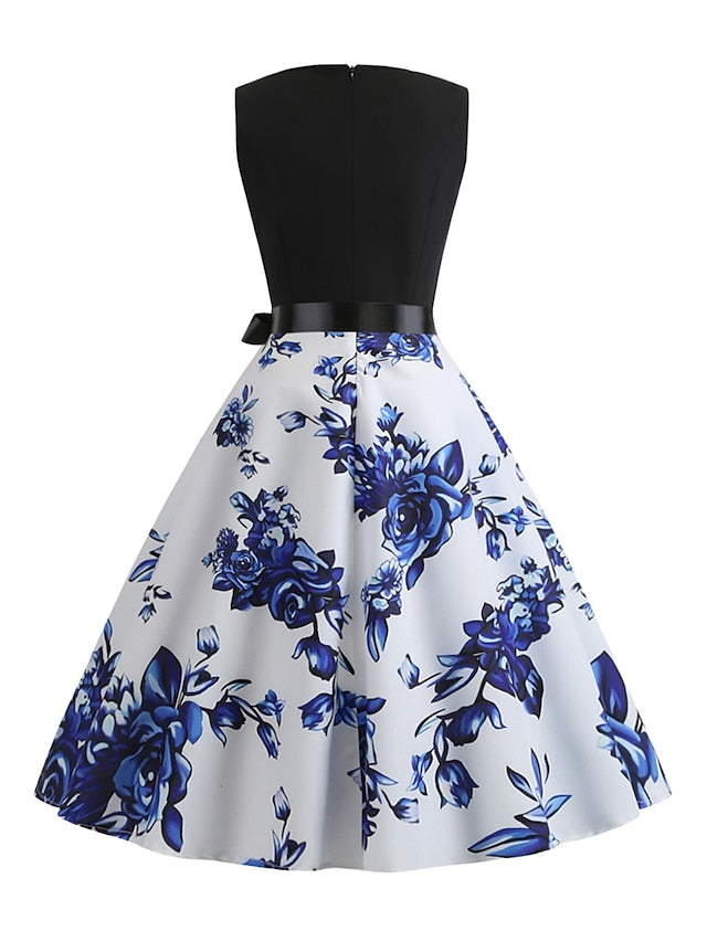 Women's Elegant Retro Vintage Dress Midi Dress Party Evening Party With Belt Print Floral Crew Neck Sleeveless Regular Fit Summer Spring 2023 Blue S M L XL - LuckyFash™