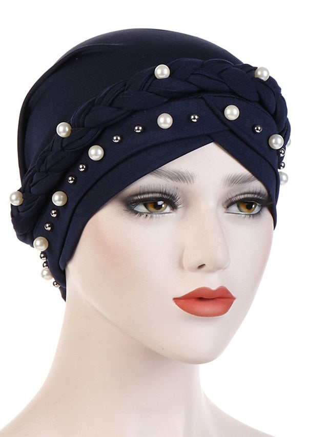 Women Fashion Pearls Muslim Scarf Hijabs Hat Women India Hat Solid Turban Hat Wrap Cap Head Scarf Headscarf Hat Female Hair Accessories - LuckyFash™