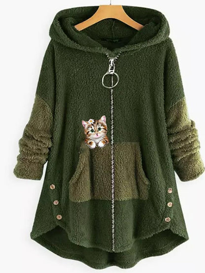 Fleece Jacket Pullover Casual Sherpa Fleece Teddy Zip Up Front Pocket Black Light Green Pink Cat Street Hoodie Plus Size Long Sleeve Fleece for Women - LuckyFash™