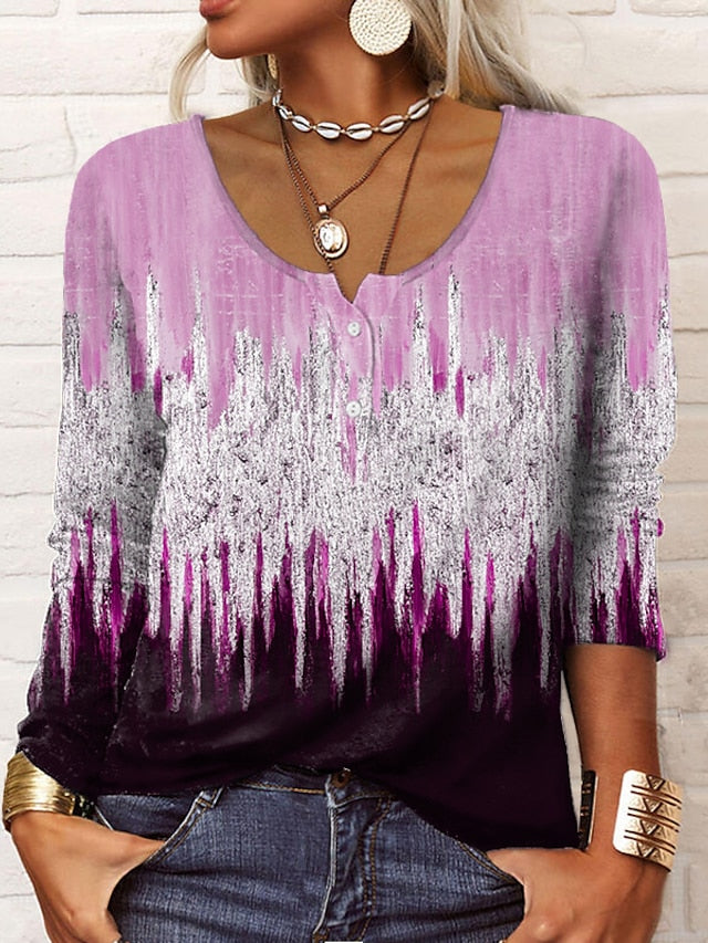 Women's Henley Shirt T shirt Tee Maroon Grass Green White Galaxy Sparkly Button Print Long Sleeve Casual Weekend Basic Round Neck Regular Painting S - LuckyFash™