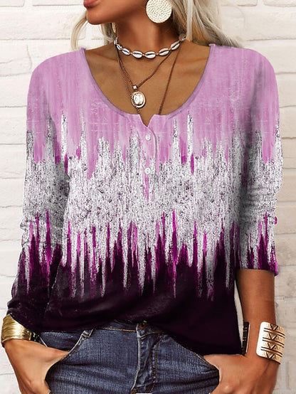 Women's Henley Shirt T shirt Tee Maroon Grass Green White Galaxy Sparkly Button Print Long Sleeve Casual Weekend Basic Round Neck Regular Painting S - LuckyFash™