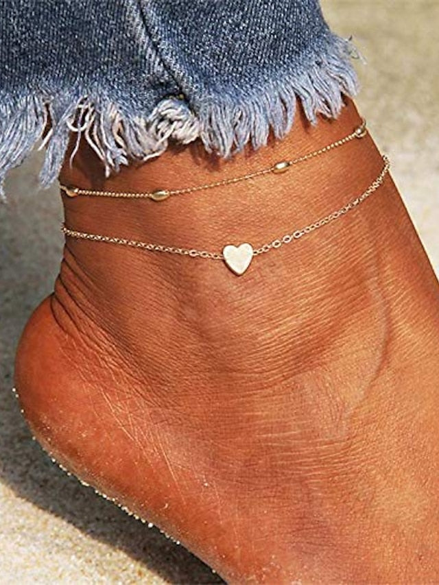 layered anklets women heart gold ankle bracelet charm beaded dainty foot jewelry for women and teen girls summer barefoot beach anklet - LuckyFash™