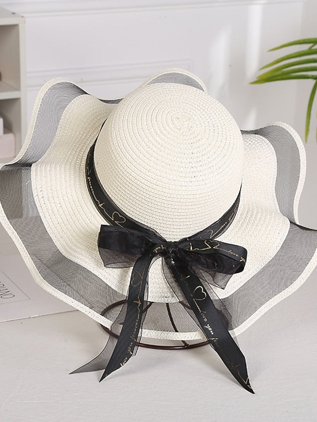 Women's Hat Straw Hat Sun Hat Pink Khaki Navy Blue Outdoor Street Dailywear Mesh Bow Ribbon bow Portable Sun Protection Comfort - LuckyFash™