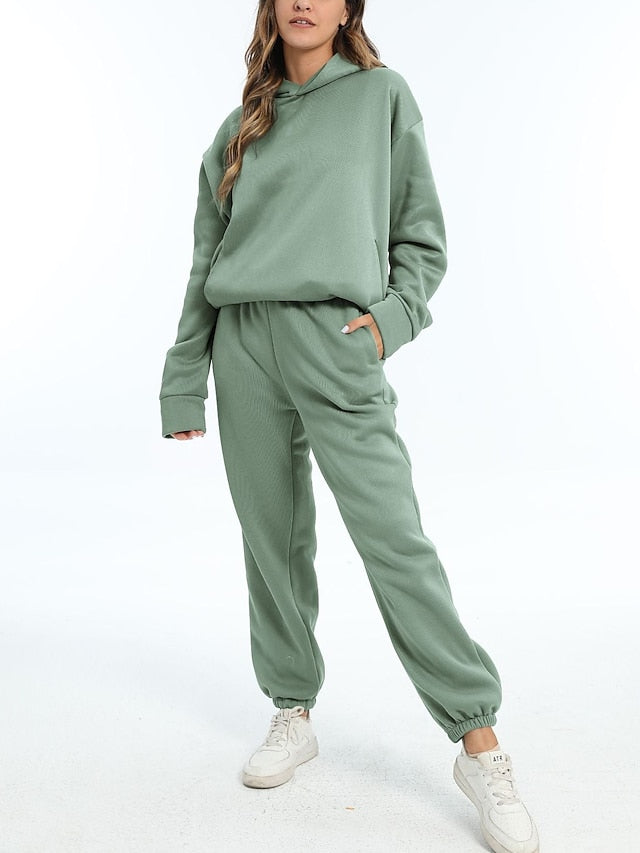 Hoodie 2 Piece Solid / Plain Color Sports Regular Winter Creamy-white ArmyGreen Big red Purple Pink for Women - LuckyFash™