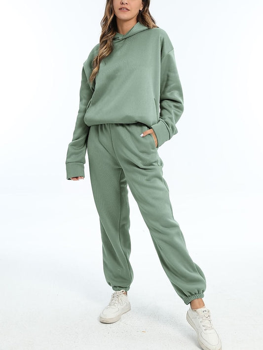 Hoodie 2 Piece Solid / Plain Color Sports Regular Winter Creamy-white ArmyGreen Big red Purple Pink for Women - LuckyFash™