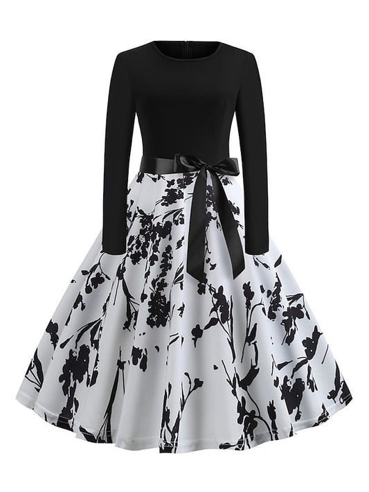Women's Elegant Retro Vintage Dress Midi Dress Outdoor Daily Print Floral Crew Neck Long Sleeve Regular Fit Summer Spring 2023 Black And White Black S M L XL - LuckyFash™