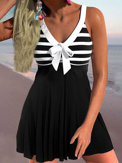 Women's Beach Dress Beach Wear Mini Dress Print Fashion Modern Stripe V Neck Sleeveless Regular Fit Daily Vacation Black 2023 Summer Spring S M L XL - LuckyFash™
