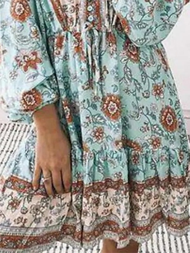 Women's Ethnic Dress A Line Dress Boho Dress Mini Dress Light Blue Long Sleeve Floral Button Summer Spring V Neck Boho Winter Dress Fall Dress Loose Fit 2023 S M L XL XXL 3XL - LuckyFash™