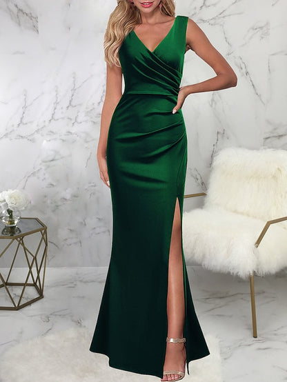 Formal Party Dress Sheath Dress Long Dress Maxi Dress Black Wine Red Sleeveless Pure Color Split Spring Summer V Neck Slim  S M L XL XXL for Women - LuckyFash™