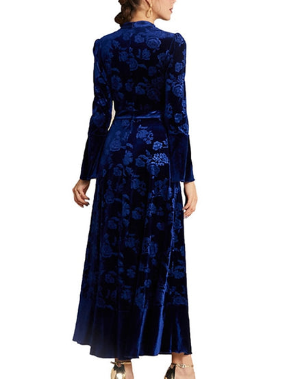 Womenâ€˜s Formal Party Dress Wedding Guest Dress Velvet Dress Red Long Dress Maxi Dress Wine Dark Blue Long Sleeve Floral Velvet Print Winter Fall Stand Collar Fashion Elegant Fall Dress 2023 S M L XL - LuckyFash™