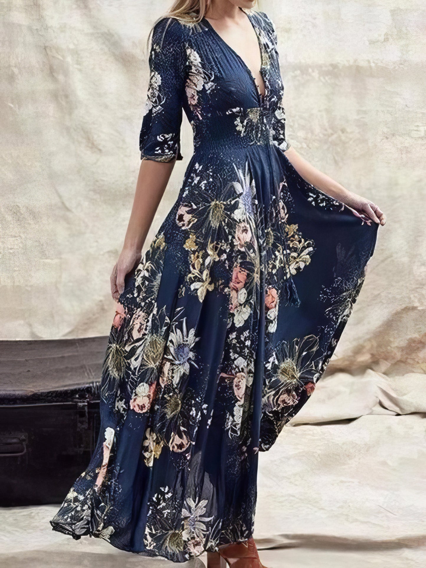 Printed V-neck Button Three-quarter Sleeve Dress - LuckyFash™