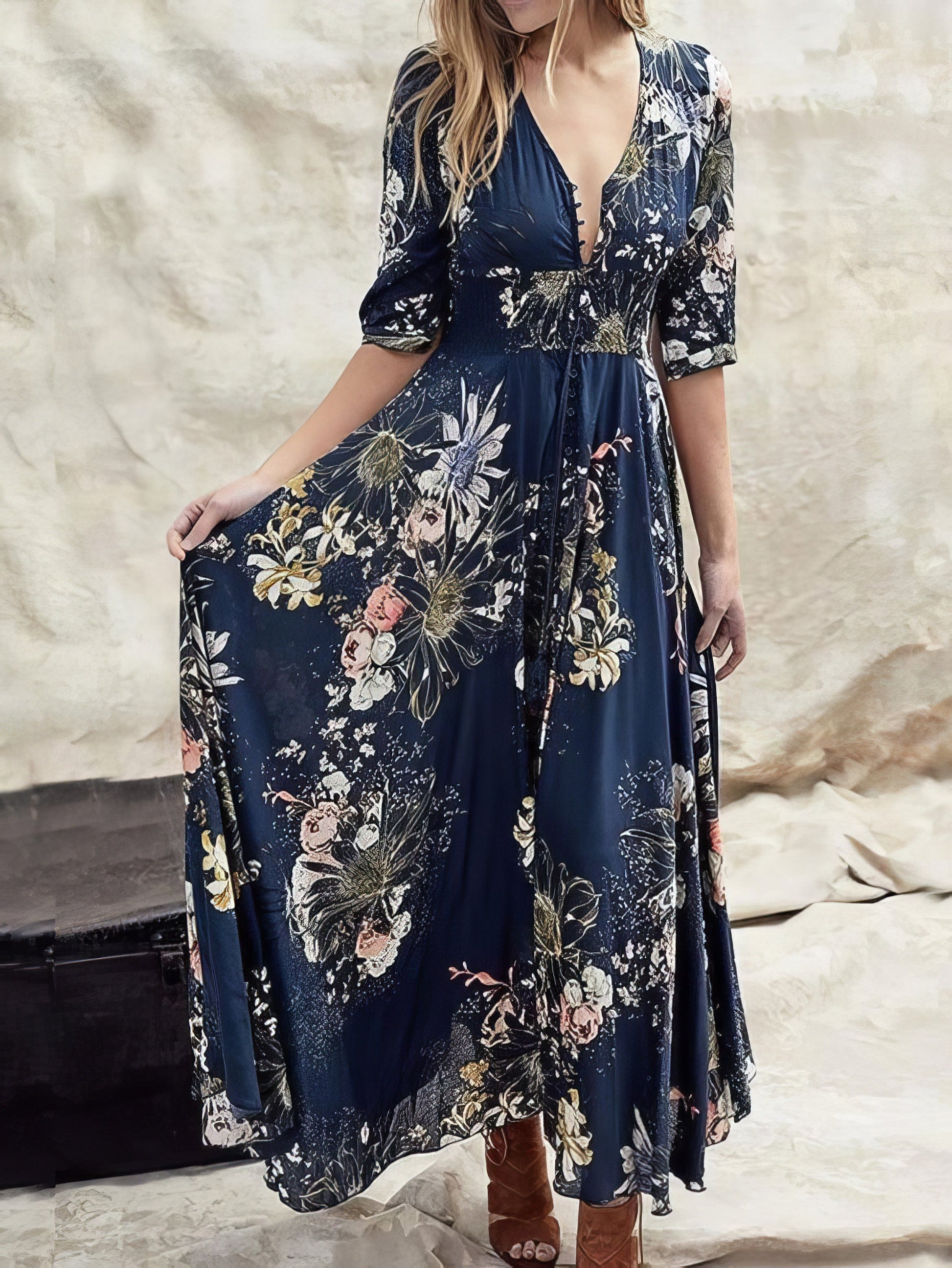 Printed V-neck Button Three-quarter Sleeve Dress - LuckyFash™