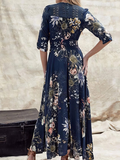 Printed V-neck Button Three-quarter Sleeve Dress - LuckyFash™