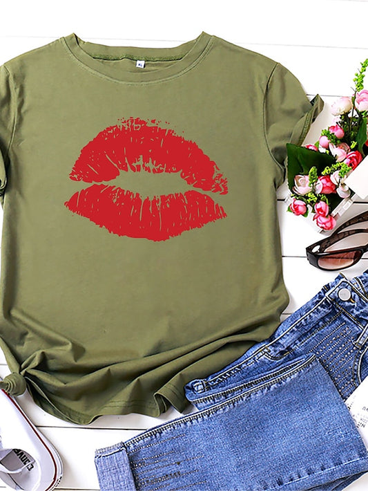 graphic tees for women plus size vintage red lips print tshirts summer casual short sleeve crewneck cute sexy tops - LuckyFash™