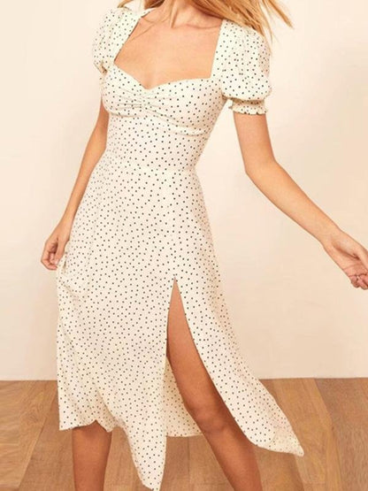 Puff Sleeve Square Neck Slit Vacation Midi Dress - LuckyFash™