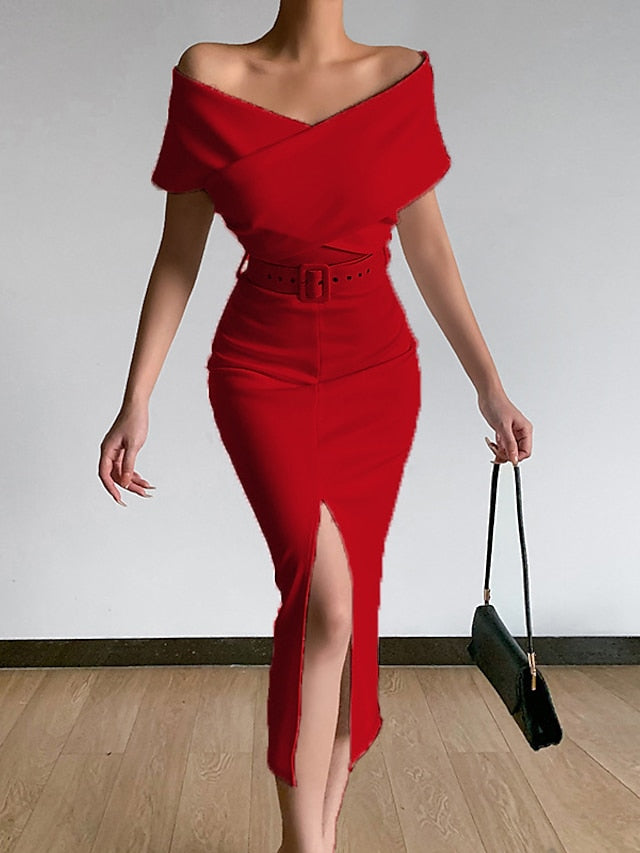 Womenâ€˜s Formal Party Dress Wedding Guest Dress Bodycon Sheath Dress Midi Dress Black White Pink Short Sleeve Pure Color Backless Spring Summer Autumn Off Shoulder Stylish Slim 2023 S M L XL XXL 3XL - LuckyFash™