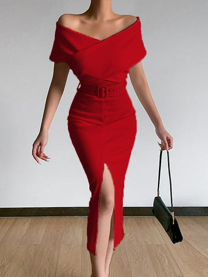 Womenâ€˜s Formal Party Dress Wedding Guest Dress Bodycon Sheath Dress Midi Dress Black White Pink Short Sleeve Pure Color Backless Spring Summer Autumn Off Shoulder Stylish Slim 2023 S M L XL XXL 3XL - LuckyFash™