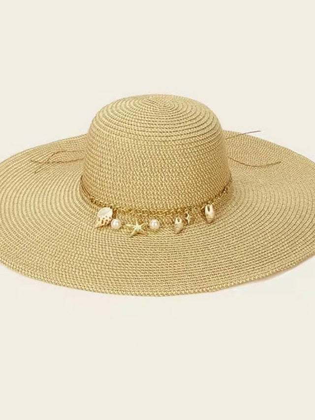 Summer Women Straw Hat with Shell Decoration Wide Brim Floppy Panama Hats Female Lady Outdoor Foldable Beach Sun Cap - LuckyFash™