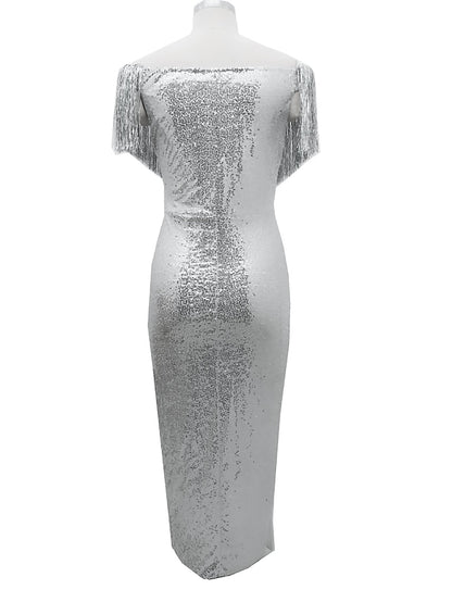 Women's Fringe Dress Sequin Dress Shift Dress Long Dress Maxi Dress Silver Short Sleeve Pure Color Sequins Winter Fall Autumn V Neck Party S M L XL - LuckyFash™