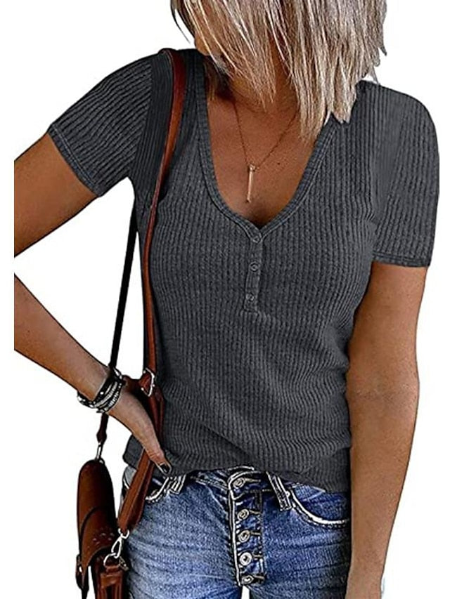 Women's Henley Shirt T shirt Tee Black White Pink Plain Button Short Sleeve Casual Daily Sexy Round Neck Regular S - LuckyFash™