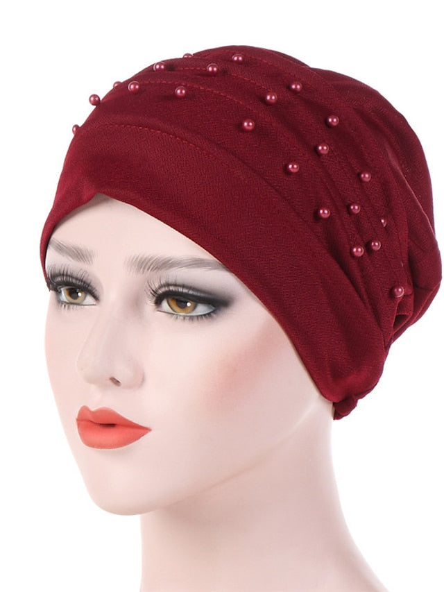 Muslim Women Turban Scarf Beaded Turban Hat Solid Color Beanies Cap Islamic Wrap Headscarf Musulman Femme Hijab Hair Care Accessories - LuckyFash™