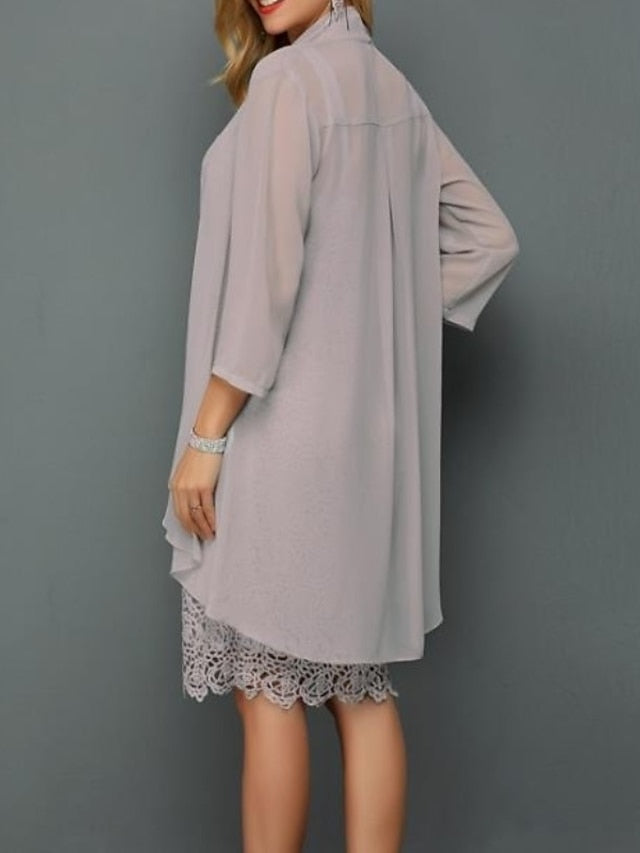 Women's Lace Dress Dress Set Two Piece Dress Midi Dress Light Grey 3/4 Length Sleeve Pure Color Lace Summer Spring Fall Square Neck Elegant Wedding Guest Vacation 2023 S M L XL XXL 3XL 4XL 5XL 6XL - LuckyFash™