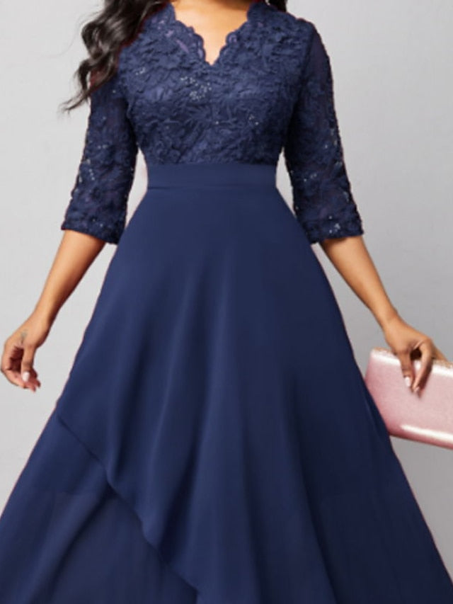 Womenâ€˜s Formal Party Dress Maxi long Dress Navy Blue 3/4 Length Sleeve Print Pure Color Ruched Lace Fall Winter V Neck Elegant Fashion Modern 2023 3XL - LuckyFash™