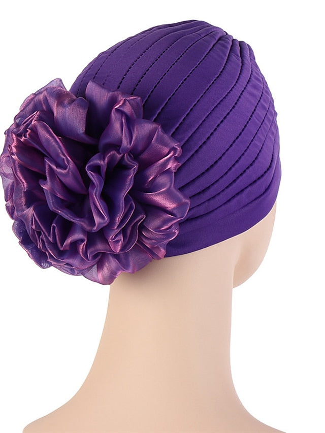 Female Stylish Indian Big Flower Solid Color Turban Hat Comfortable Women Muslim Pullover Hat African Head Wrap Hijab Cap Headwear - LuckyFash™