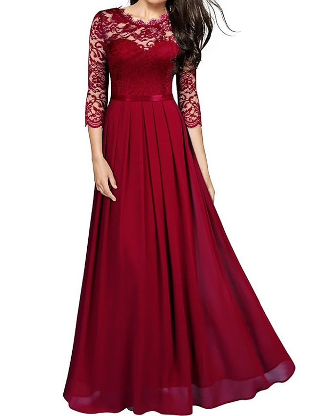 Womenâ€˜s Formal Party Dress Lace Dress Long Dress Maxi Dress Green Wine Navy Blue Black 3/4 Length Sleeve Pure Color Lace Ruched Winter Fall Crew Neck Elegant Formal Romantic 2023 S M L XL XXL - LuckyFash™