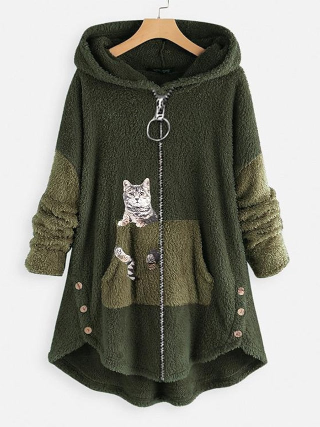 Hoodie Sweatshirt Pullover Pullover Sherpa Fleece Teddy Zip Up Front Pocket Pink Green Dark Grey Cat Street Hoodie Plus Size Long Sleeve Fleece for Women - LuckyFash™