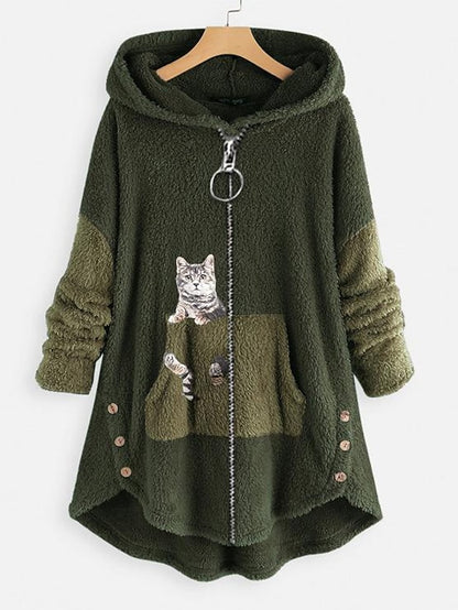 Hoodie Sweatshirt Pullover Pullover Sherpa Fleece Teddy Zip Up Front Pocket Pink Green Dark Grey Cat Street Hoodie Plus Size Long Sleeve Fleece for Women - LuckyFash™