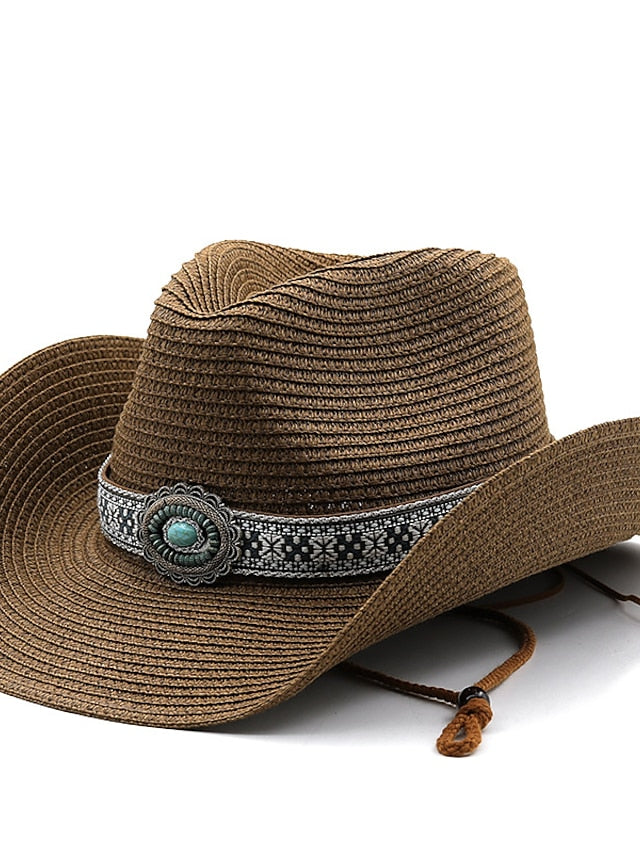Turquoise Decoration Western Cowboy Hat Men Women Cowgirl Summer Straw Hats For Lady Sun Hat Beach Cowgirl Jazz Hat - LuckyFash™